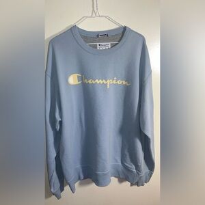 Champion Light Blue Fleece Crew Neck Pullover Sweatshirt XL Embroidered Logo